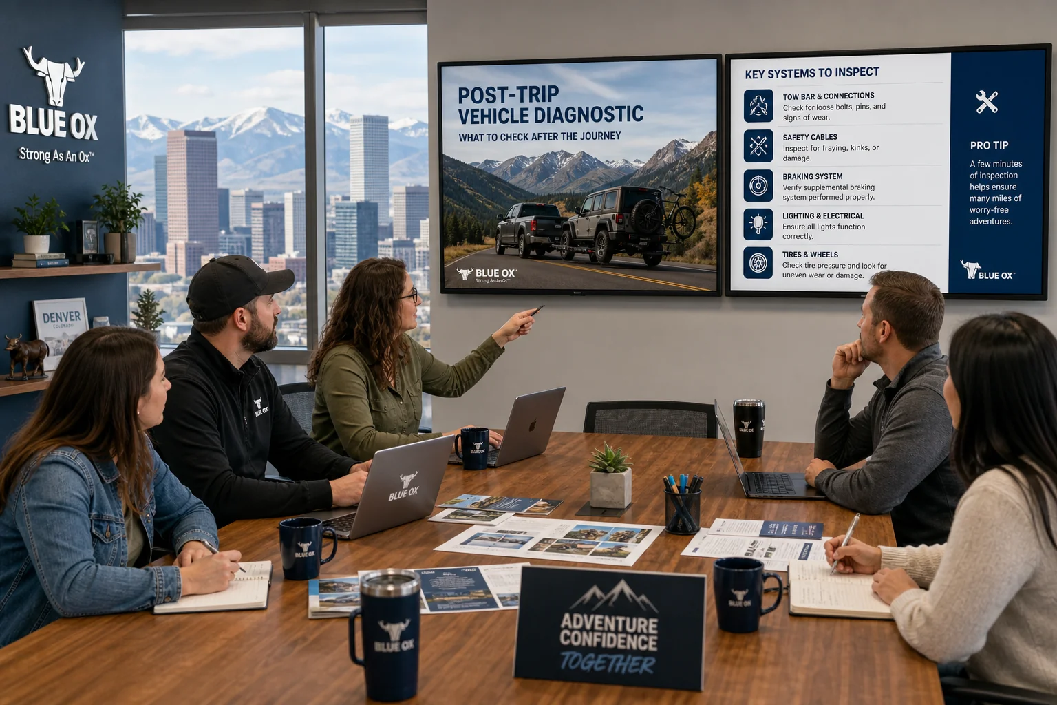 Editorial team reviewing post-trip vehicle diagnostic educational materials in Denver office, 1920x1080