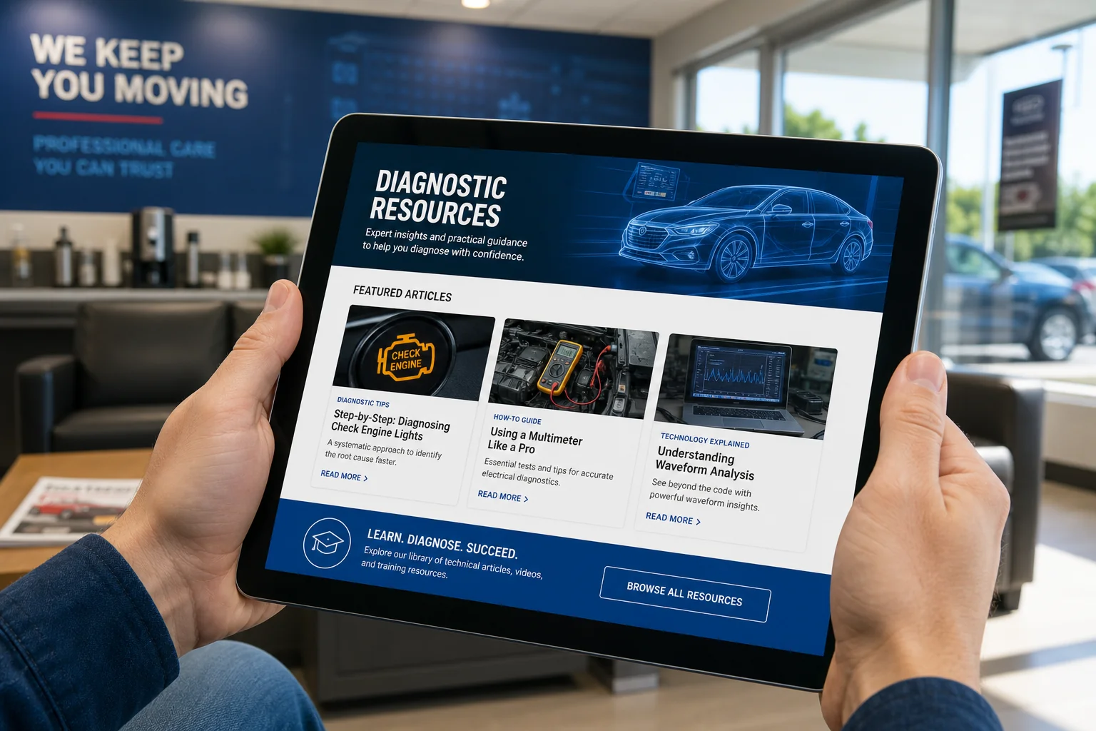 Overview of post-trip vehicle diagnostic resource articles on tablet in service center, 1200x800