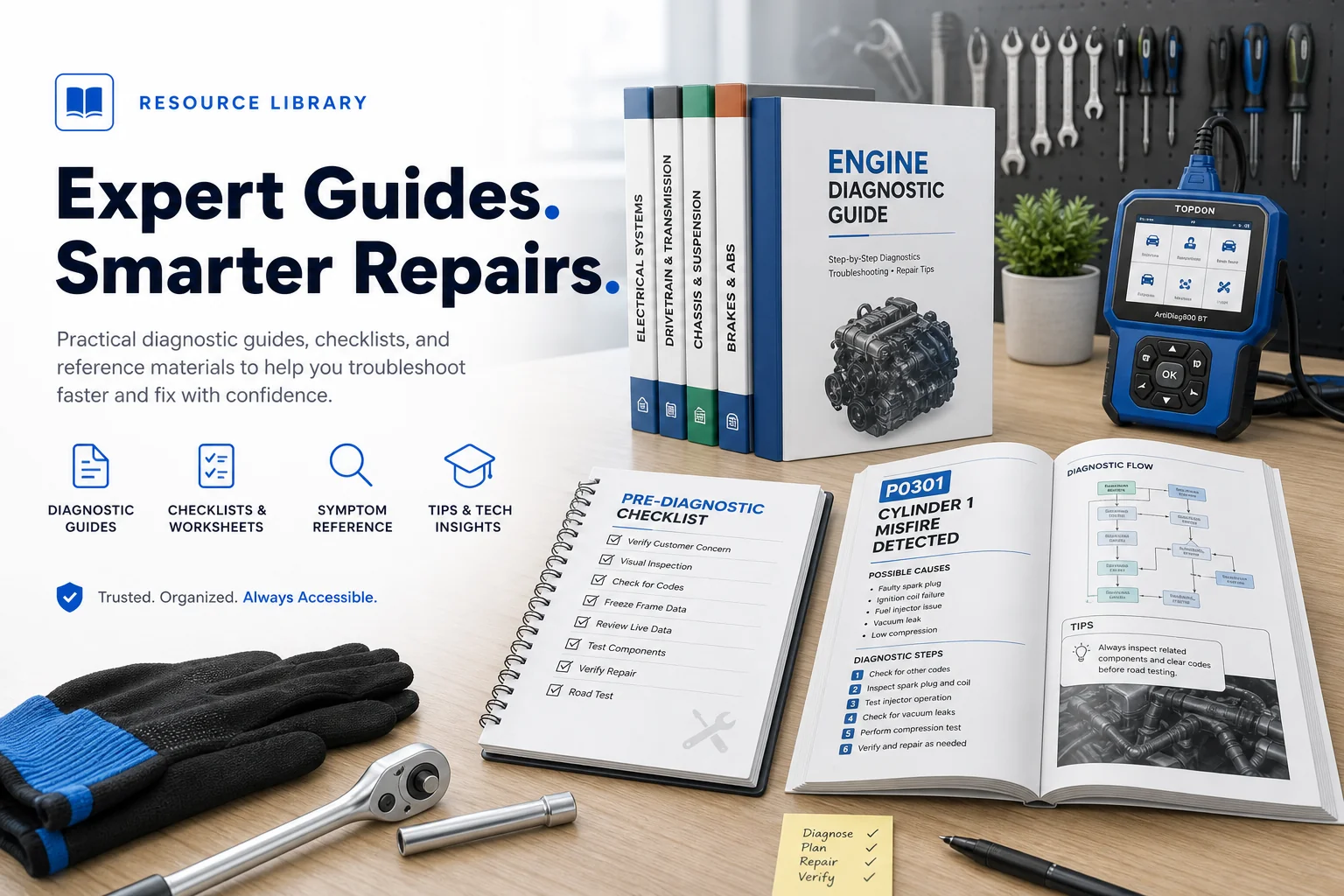Resource library hero showing post-trip vehicle diagnostic guides and inspection checklists, 1920x1080