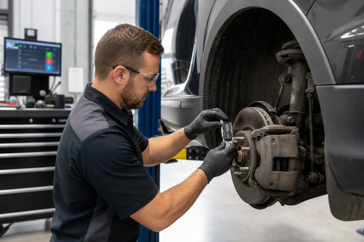 Mechanic measuring brake pad thickness on SUV after vacation road trip, 1200x675