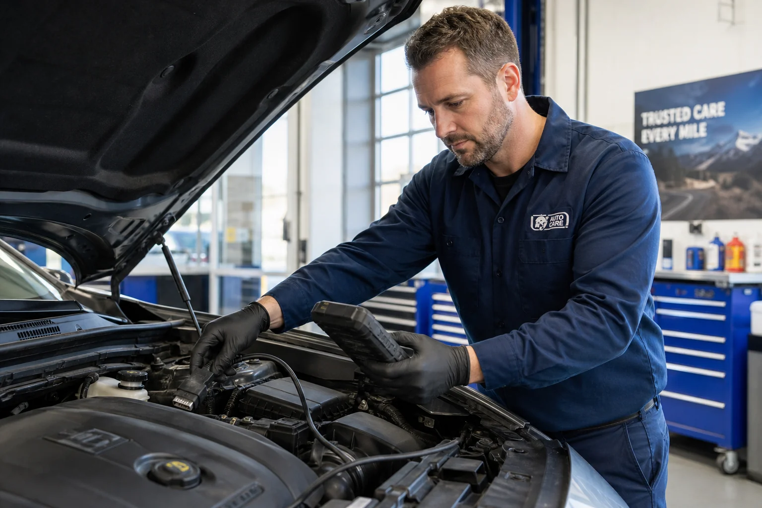 Technician connecting scan tool to engine bay after cross-country road trip, 1200x675