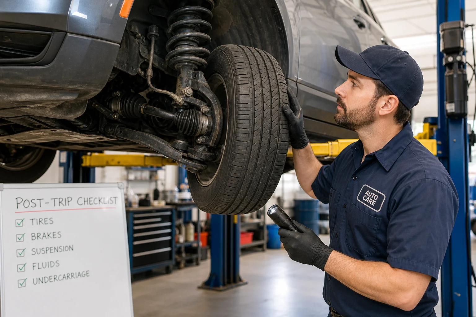 Technician inspecting suspension components on vehicle after long road trip, diagnostic bay 1200x675