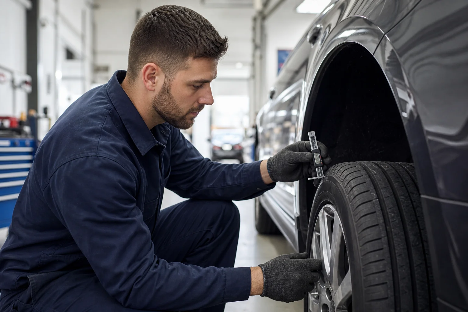 Technician measuring tire tread depth on car after long highway journey, 1200x675